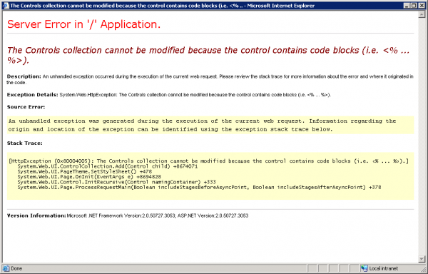 The Controls collection cannot be modified because the control contains code blocks 